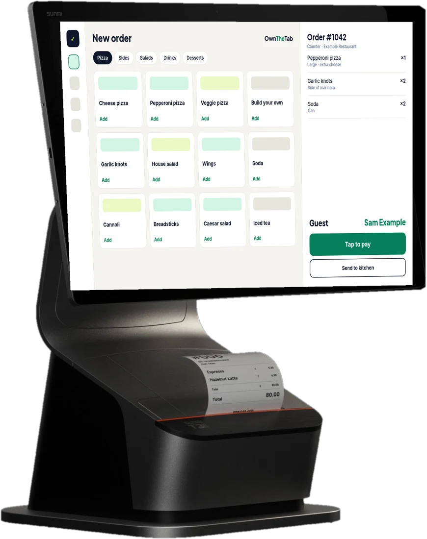 Sunmi T3 PRO MAX countertop terminal with built-in receipt printer, showing the OwnTheTab POS order screen