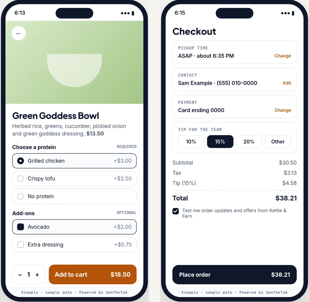 Sample ordering screens: an item page with protein and add-on choices, and a checkout with pickup time, tip and total.